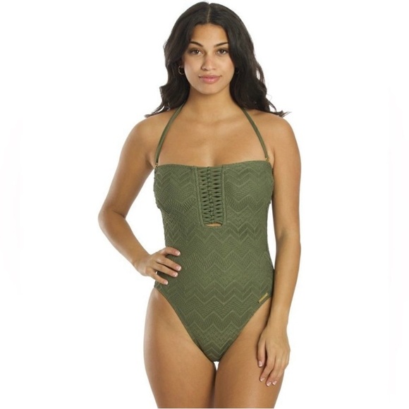 NWT VINCE CAMUTO Crochet Bandeau-Style One Piece Swimsuit in Safari Green Sz 8
